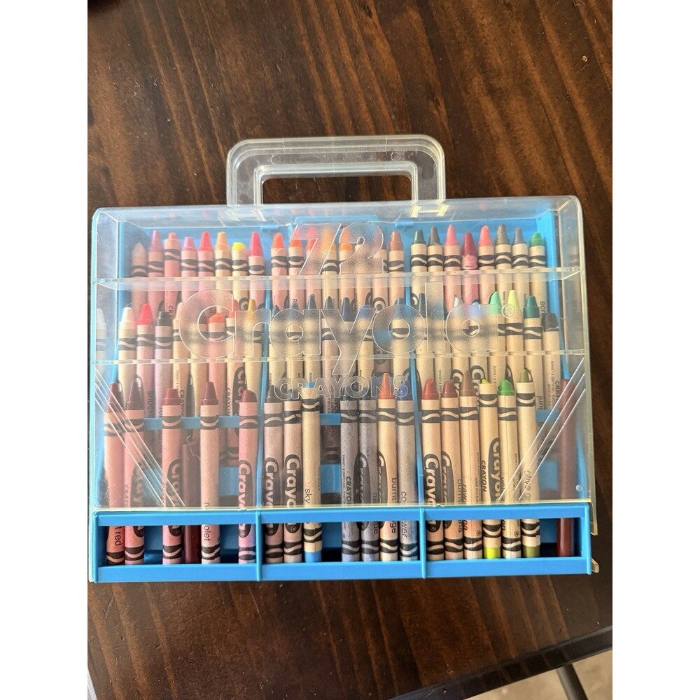 Vintage 72 Crayola Crayon Holder Storage Carrying Case Plastic BLUE w/ sharpener